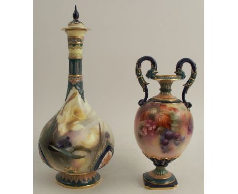 A Hadley's Worcester vase, decorated with black berries to a globular body, with serpent handles, height 8.25ins, together wi