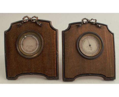 A pair of G Keller Paris barometer and thermometer, the barometer dial marked Holosteric, both mounted in mahogany frames wit