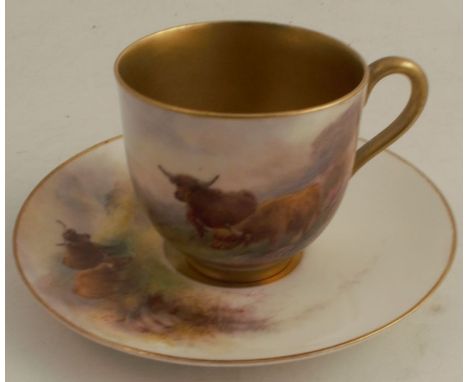 A Royal Worcester coffee can and saucer, decorated with Highland cattle by H Stinton, circa 1917