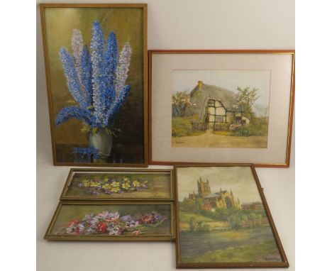 W H Austin, three watercolours, floral studies, 21.75ins x 13.25ins and 5ins x 13.25ins, together with R H Austin, two waterc