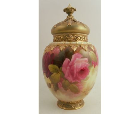 A Royal Worcester crown top pot pourri, decorated with roses by Sedgeley, with inner cover, shape number 2048, height 12.5ins