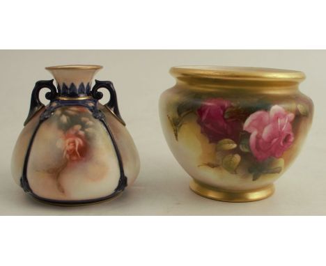 A Royal Worcester cache pot, decorated with roses, shape number H132, height 3.25ins, together with a Hadley's Worcester quar