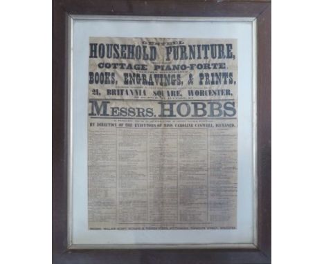 A framed 1866 Messrs Hobbs house contents auction poster, Worcester, 21ins x 16ins