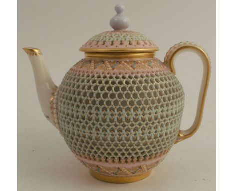 A Royal Worcester reticulated teapot, in the manner of George Owen, with turquoise and pearl jewelling, height 5.25ins - Ther