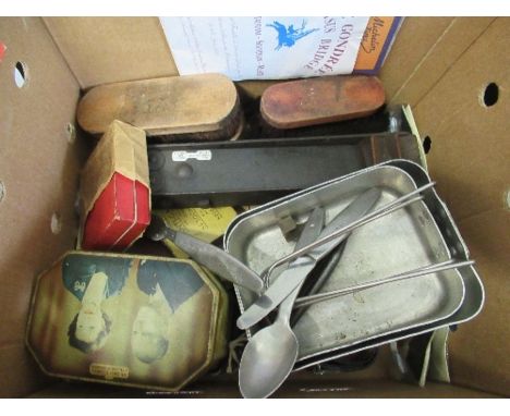 A box of ephemera, to include two Navy cap ribbons, a South Staffordshire hip flask, a Lusitania medal, two belts, a boxwood 