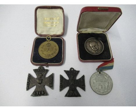 Two World War 1 British propaganda iron crosses, embossed with central W, having small Latin cross above, and 1914, Dinant, G