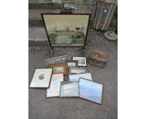 A tapestry fire screen, together with various prints and pictures to include a Stevenograph The Good Old Days and a box