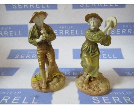 A pair of Royal Worcester shot silk figures, af -&nbsp;Boy's pipe broken, girls shows evidence of age related wear, firing cr