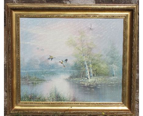 A modern oil on canvas, ducks in flight over water, 19ins x 23ins, together with a machine tapestry picture