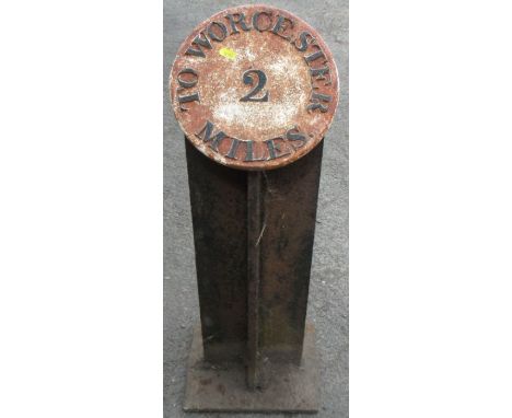 A cast iron canal marker, Worcester 2 miles, height 35ins