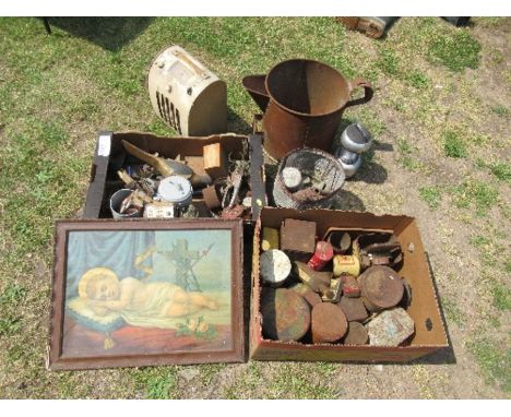 E R Edwards 1936, a painted wooden bird, together with a radio, tins, tools a print, watches etc