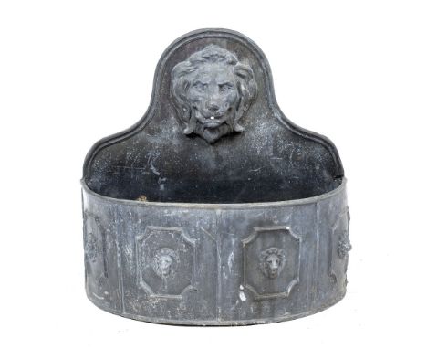 A CAST LEAD LION MASK FOUNTAIN HEAD  with D shaped basin beneath, 67.5cm wide x 30cm deep x 69cm high