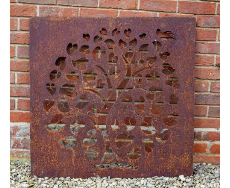A PIERCED STEEL WALL PANEL depicting a leafy tree with bird flying above, 91.5cm square