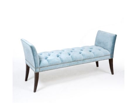 A MODERN LIGHT BLUE BUTTON UPHOLSTERED WINDOW SEAT with square tapering legs, 144cm wide x 46cm deep x 69cm high 