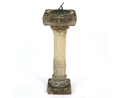 A COMPOSITE STONE SUNDIAL the column with geometric decoration and Greek figures, overall 83cm high