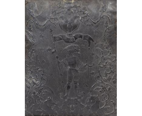 AN ANTIQUE, POSSIBLY SPANISH, EMBOSSED LEATHER PANEL depicting a Renaissance gentleman holding a banner aloft, 51.5cm x 41cm 