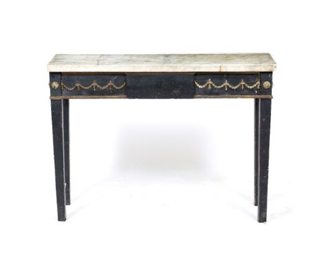 A 19TH CENTURY FRENCH MARBLE TOPPED BLACK PAINTED AND PARCEL GILT CONSOLE TABLE with decorative swags and standing on square 