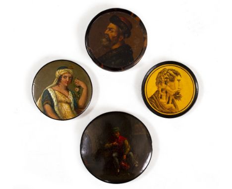 AN 18TH CENTURY CONTINENTAL PAPIER MACHE CIRCULAR SNUFF BOX depicting a boer within an interior, 10.5cm diameter together wit