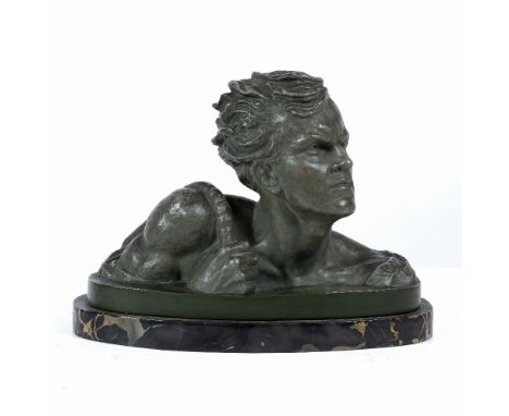 ALEXANDRE OULINE (act. 1918-1940) Head and shoulder portrait of a working man, bronzed terracotta on a marble plinth, signed,