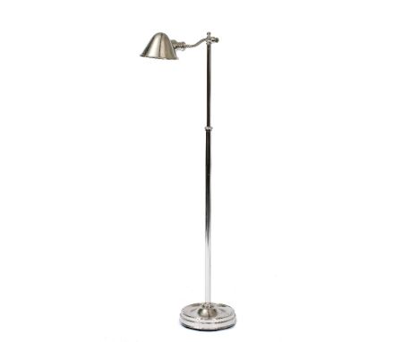 A CHROME PLATED FLOOR STANDING READING LAMP with adjustable height, the base 25cm diameter, the lamp 128cm high (adjustable)P