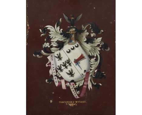 A PAINTED COAT OF ARMS ON PANEL possibly originally from a carriage door, 25cm x 37.5cm together with a further painted coat 