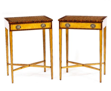 A PAIR OF GEORGIAN STYLE SATINWOOD LAMP TABLES with parquetry inset tops and with decorative cross banded decoration, frieze 