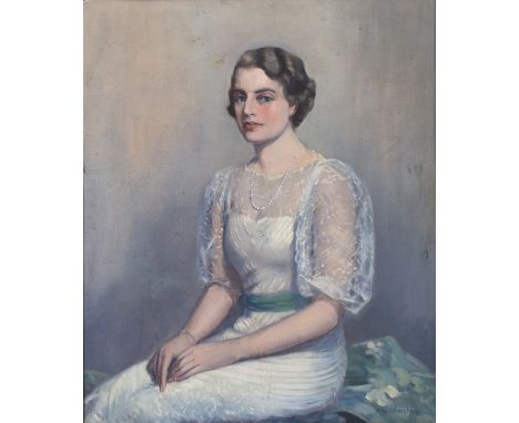 WILLIAM FREDERICK LONGSTAFF (1879-1953) Three quarter length portrait of a young debutant in a white dress with green sash, o