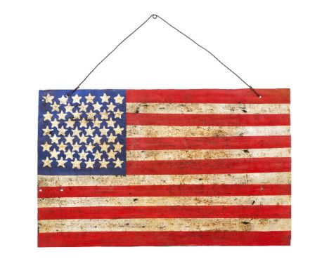AN AMERICAN FOLK ART PAINTED GALVANIZED PANEL depicting the stars and stripes, 91cm x 60cm
