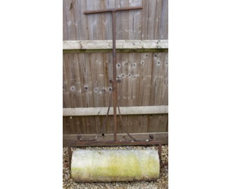 A LATE 18TH / EARLY 19TH CENTURY STONE GARDEN ROLLER with a wrought iron handle, 89cm wide x 137cm high 