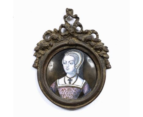 A CONTINENTAL 16TH CENTURY STYLE FRENCH ENAMEL CIRCULAR BUST LENGTH PORTRAIT MINIATURE  of a courtly lady, set within a cast 