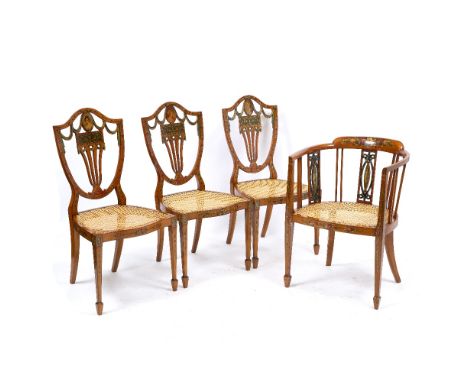 THREE SATINWOOD HEPPLEWHITE STYLE PAINTED CHAIRS with classical decoration, swags of cloth and roses and oval portrait miniat