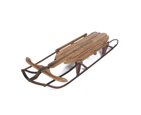 A PAINTED WROUGHT IRON AND ASH PARKLEIGH TOBOGGAN OR SLED  110cm long 