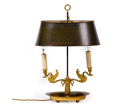 AN OLD CONTINENTAL BOUILLOTTE TYPE TABLE LAMP with adjustable toleware shade, the brass oval stand with pierced decoration an