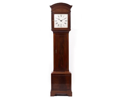 A 19TH CENTURY MAHOGANY LONGCASE REGULATOR CLOCK OR TIMEPIECE the hood with arching top and fluted decoration and with flame 