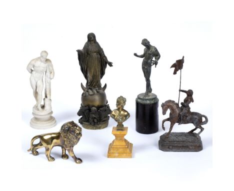 A GROUP OF SCULPTURES to include a spelter figure of Joan of Arc, a small bust of Diana on a marble plinth, a figure of an at