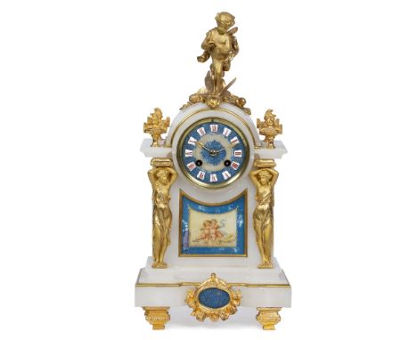 A 19TH CENTURY FRENCH ALABASTER MANTLE CLOCK with gilt metal mounts to include a fairy riding on the back of a butterfly, fla