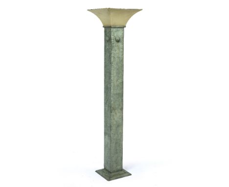 A GREEN PAINTED PRESSED METAL FLOOR STANDING LAMP of square form with a tapering fibreglass shade, 174cm high