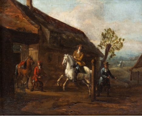 FOLLOWER OF PHILIPS WOUWERMAN Training a wild horse, oil on panel, 16cm x 19.5cm together with a further painting, follower o