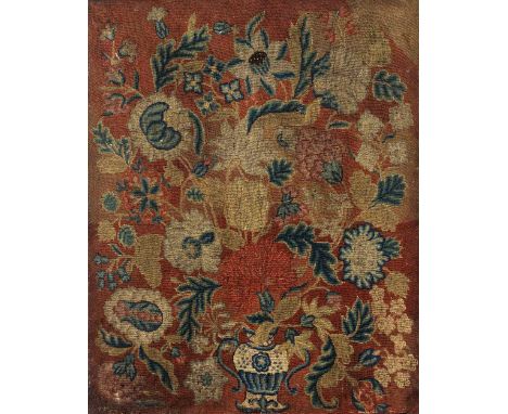 AN ANTIQUE, POSSIBLY 18TH CENTURY, NEEDLEWORK PANEL depicting a vase of flowers, 52cm wide x 65cm high (unframed)