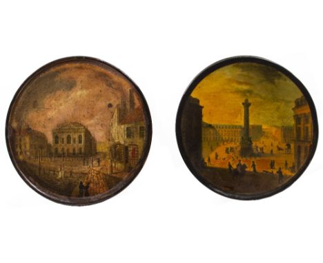 AN 18TH CENTURY GERMAN PAPIER MACHE CIRCULAR SNUFF BOX the lid depicting a view of Place Vendome, Paris, 10.2cm diameter and 