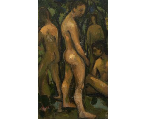 DAVID WATERHOUSE (EARLY 20TH CENTURY SCHOOL) 'The Bathers', oil on panel, signed lower right, 62cm x 36.5cm
