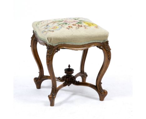 A GEORGIAN STYLE DRESSING TABLE STOOL with needlework overstuffed upholstered seat, carved cabriole legs and uniting X stretc