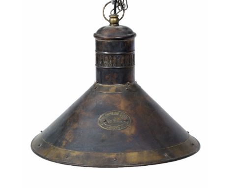 A COPPER AND BRASS RIVETED CIRCULAR HANGING LAMP of conical form, 36cm diameter x 32cm high 