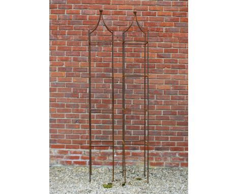 A PAIR OF SQUARE SECTION GARDEN OBELISKS with ball finial, each 32cm wide x 230cm high