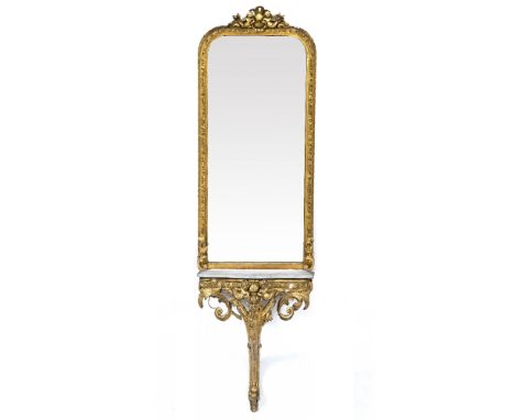A 19TH CENTURY GILTWOOD AND GESSO PIER MIRROR with a mermaid crest, 60cm wide x 138cm high and having a matching console tabl