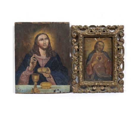 A 18TH OR 19TH CENTURY PAINTING OF CHRIST blessing the bread at the last supper, oil on panel, 21cm x 27cm unframed, together