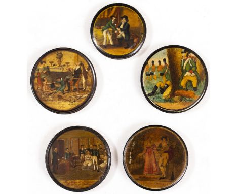 A GROUP OF FIVE VARIOUS CONTINENTAL PAPIER MACHE SNUFF BOXES one depicting soldiers, another a scene with caption beneath 'Vo