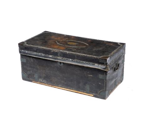 A GEORGIAN CAMPHOR WOOD LEATHER BOUND, BRASS STUDDED TRUNK with brass nameplate to the top for S.L. Dunsterville 1 and with c
