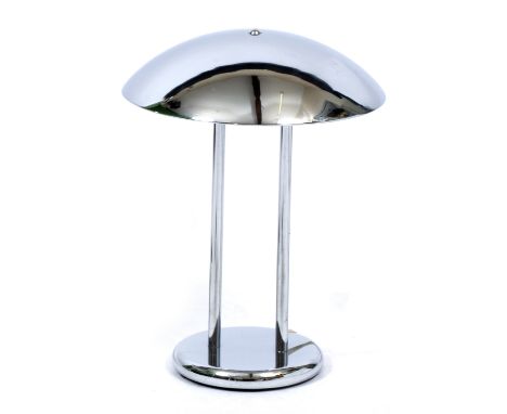 A MODERNIST CHROME PLATED TABLE LAMP circa 1985, with domed top, twin pillar support and spreading circular base, by Titan Li