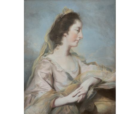 19TH CENTURY CONTINENTAL SCHOOL BUST LENGTH PORTRAIT of a young lady wearing a pink silk dress, unsigned, pastel, 77.5cm x 63